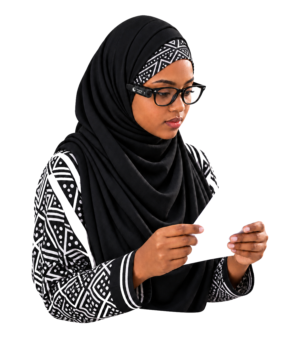 Woman wearing Miwani Janja smart glasses and reading a document